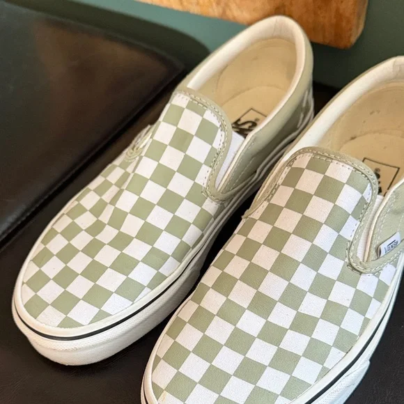 Vans Mint Green and White Checkered Slip-Ons - Picture 1 of 4